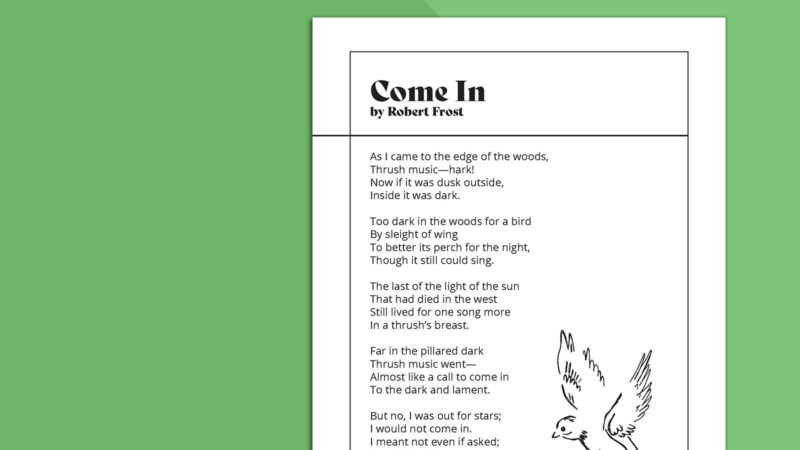 रॉबर्ट फ्रॉस्ट की कविताओं का मुद्रण योग्य पृष्ठ हरे रंग की पृष्ठभूमि पर आता है।