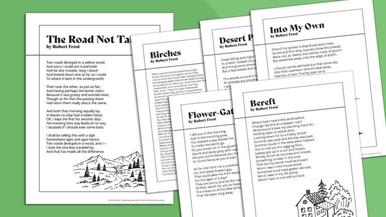 Printable pagse of Robert Frost Poems Feature on green background.