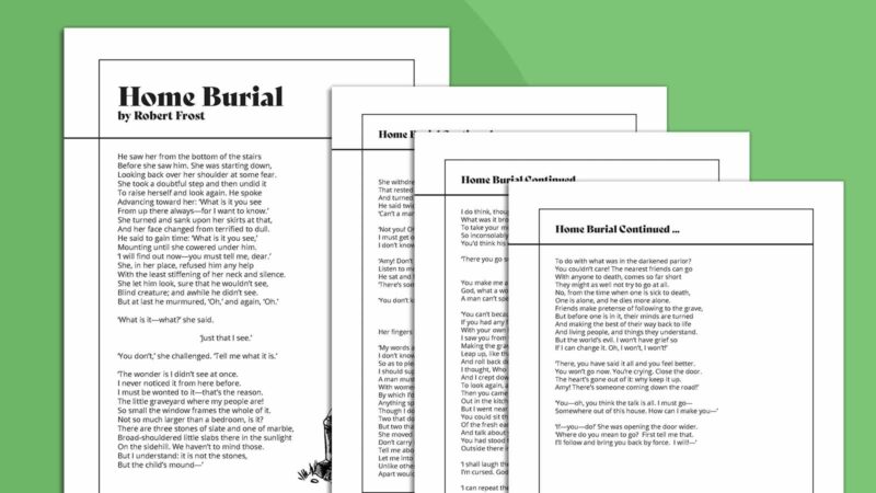 Printable pages of Robert Frost Poems Home Burial on green background.