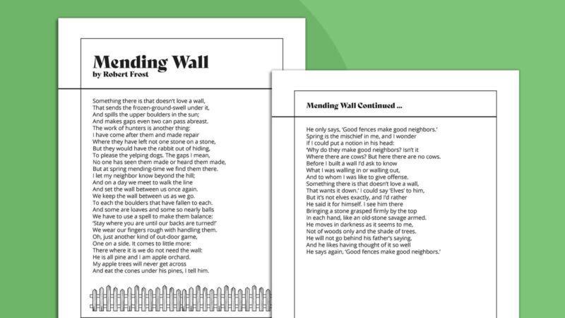 Printable pages of Robert Frost Poems Mending Wall on green background.