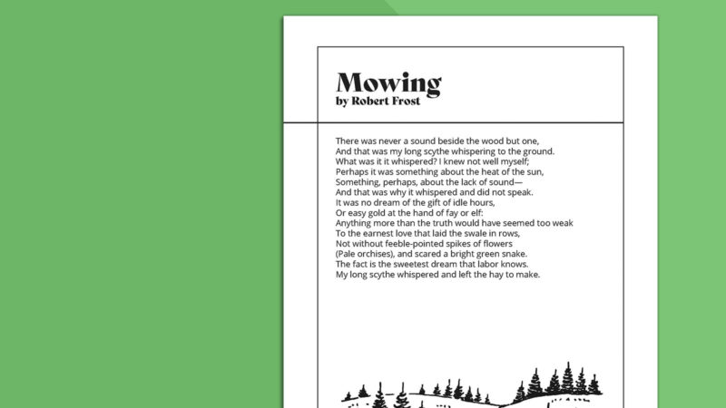 Printable page of Robert Frost Poems Mowing on green background.