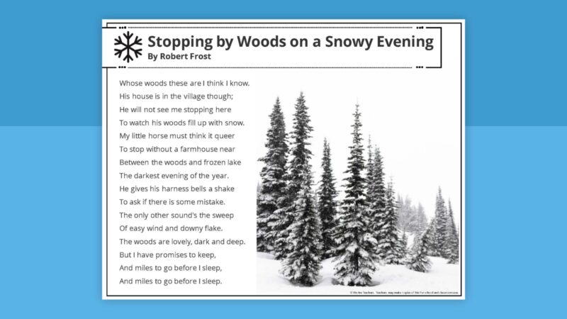 Picture of Robert Frost's poem, "Stopping by Woods on a Snowy Evening."