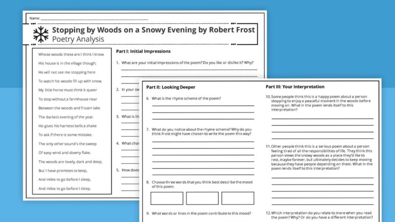 Pictures of the student handouts of the "Stopping by Woods on a Snowy Evening" Poetry Worksheet Activity