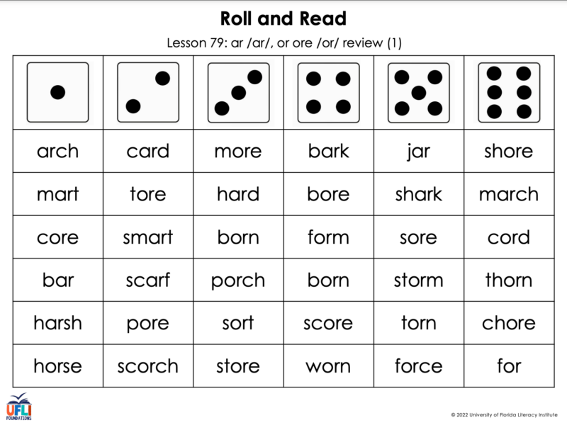 Game with six rows of words with dice numbers 1-6