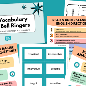 Flay lay of SAT Words worksheets and slides on a teal background