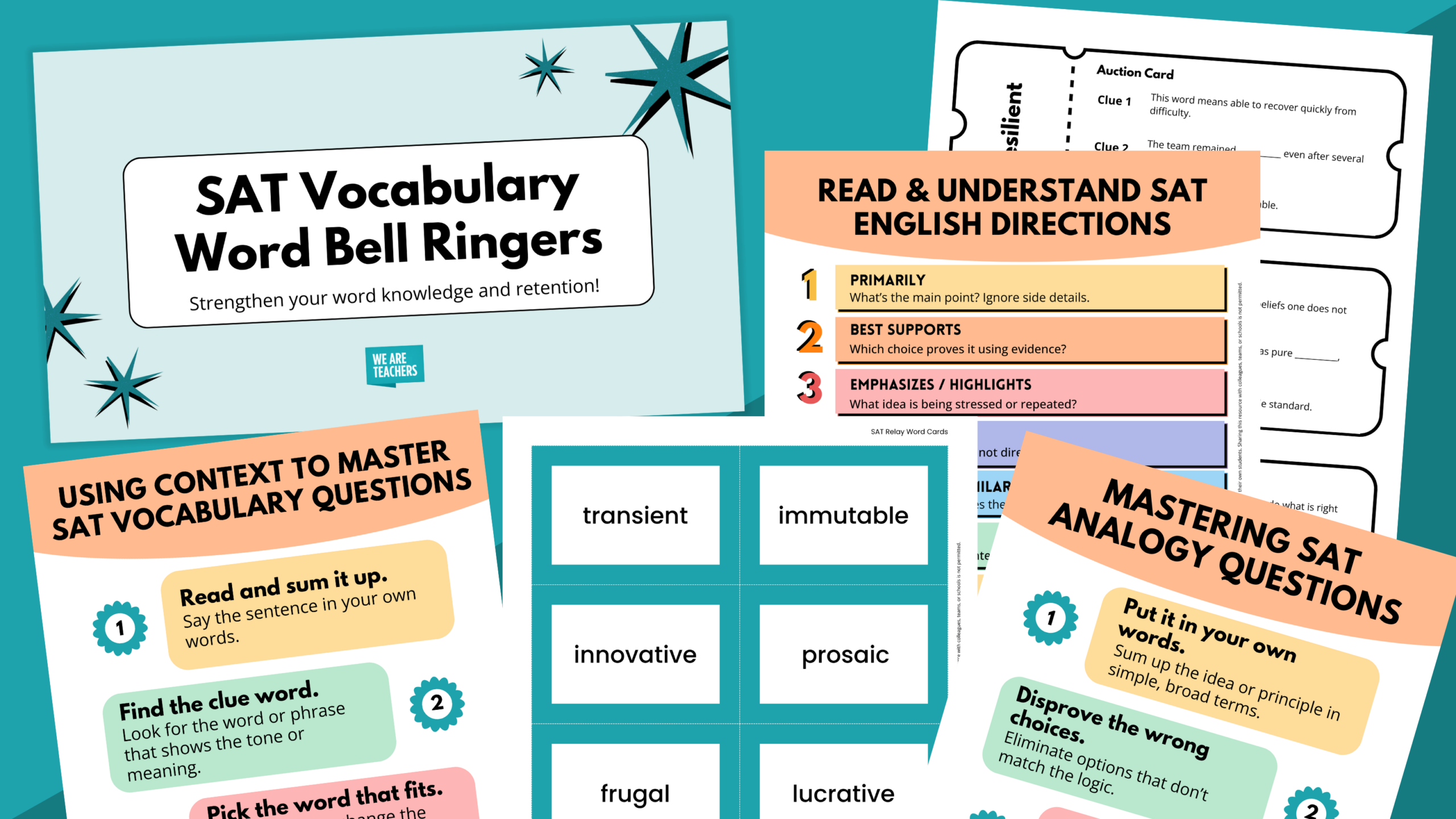 Flay lay of SAT Words worksheets and slides on a teal background