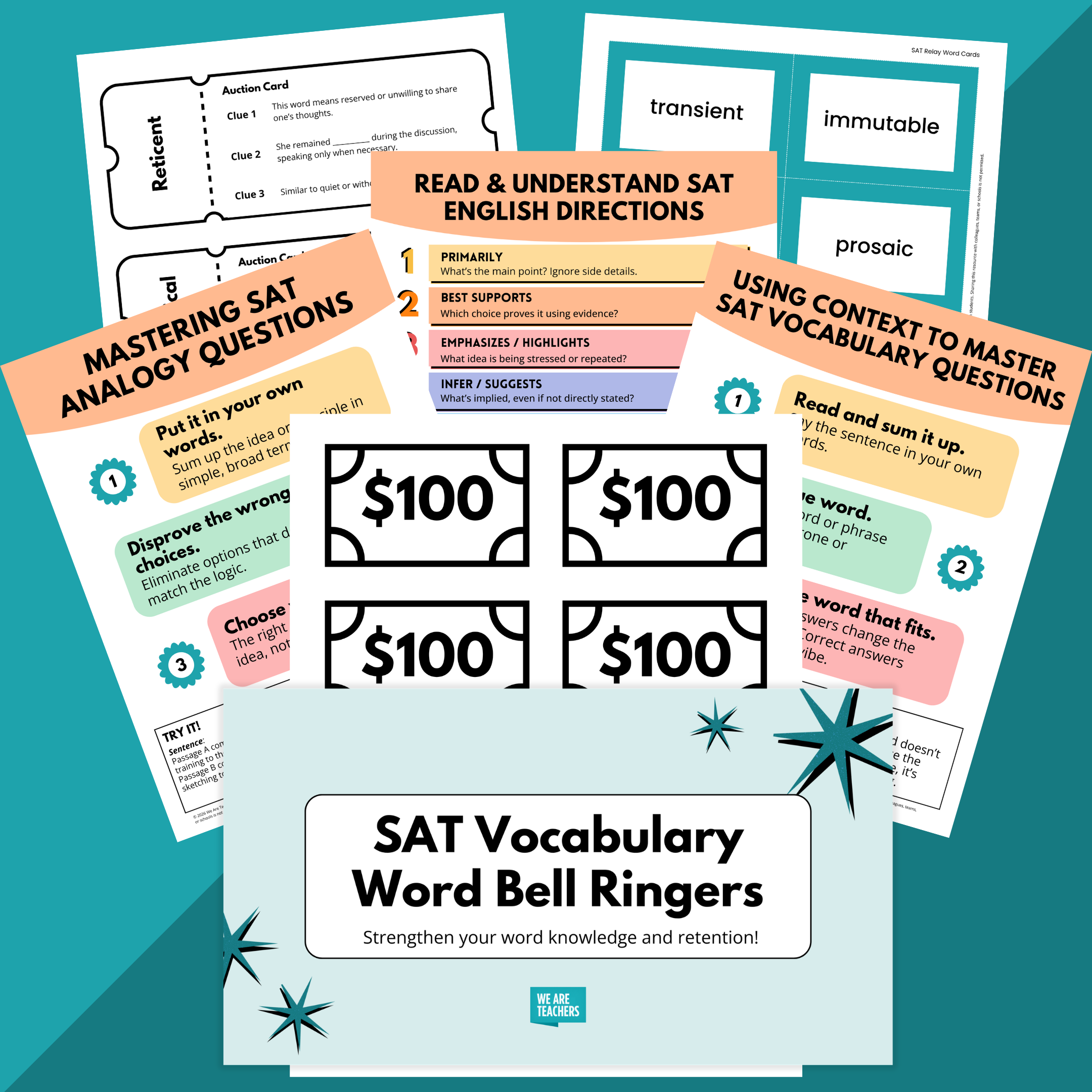 Flay lay of SAT Words worksheets and slides on a teal background
