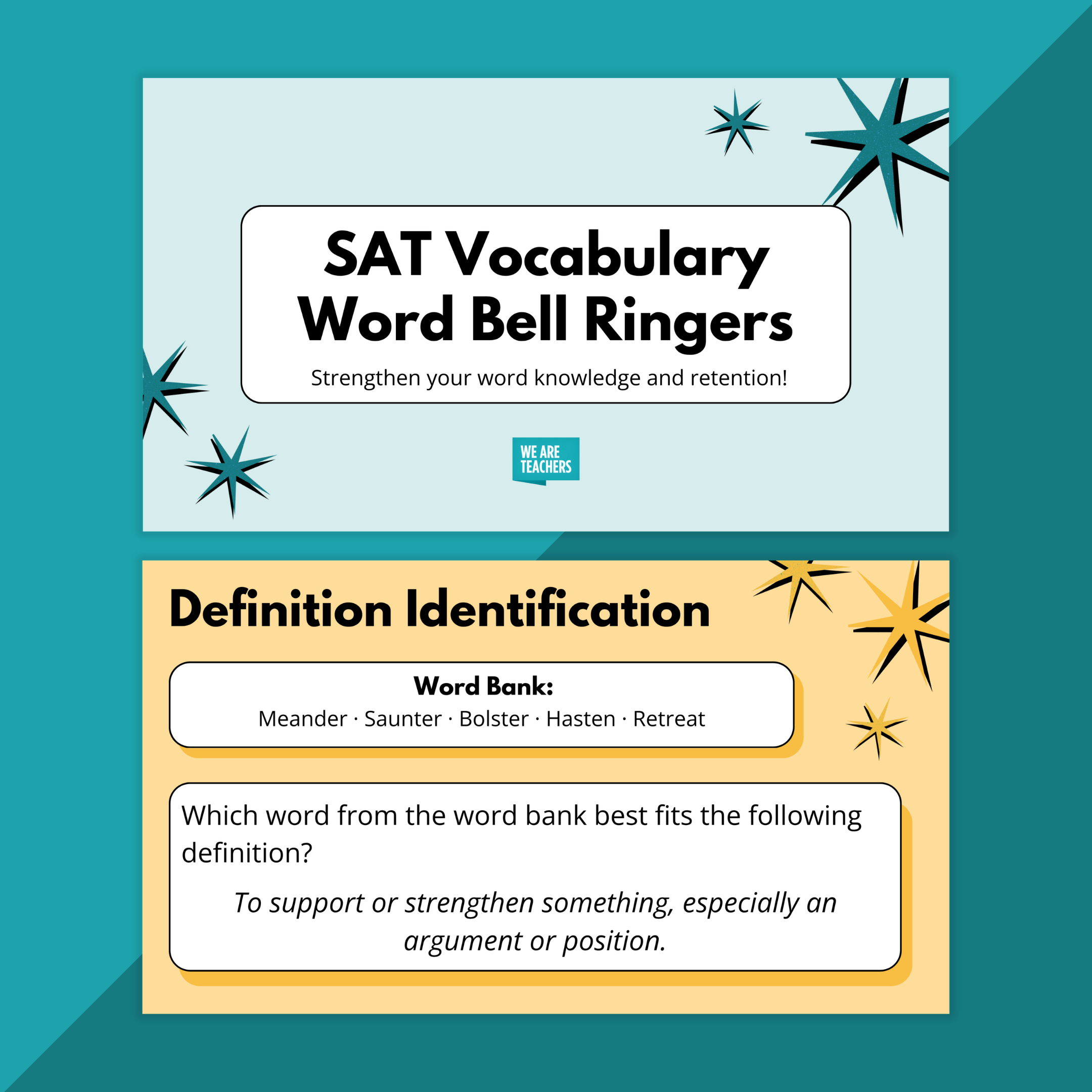 Flay lay of SAT Words worksheets and slides on a teal background