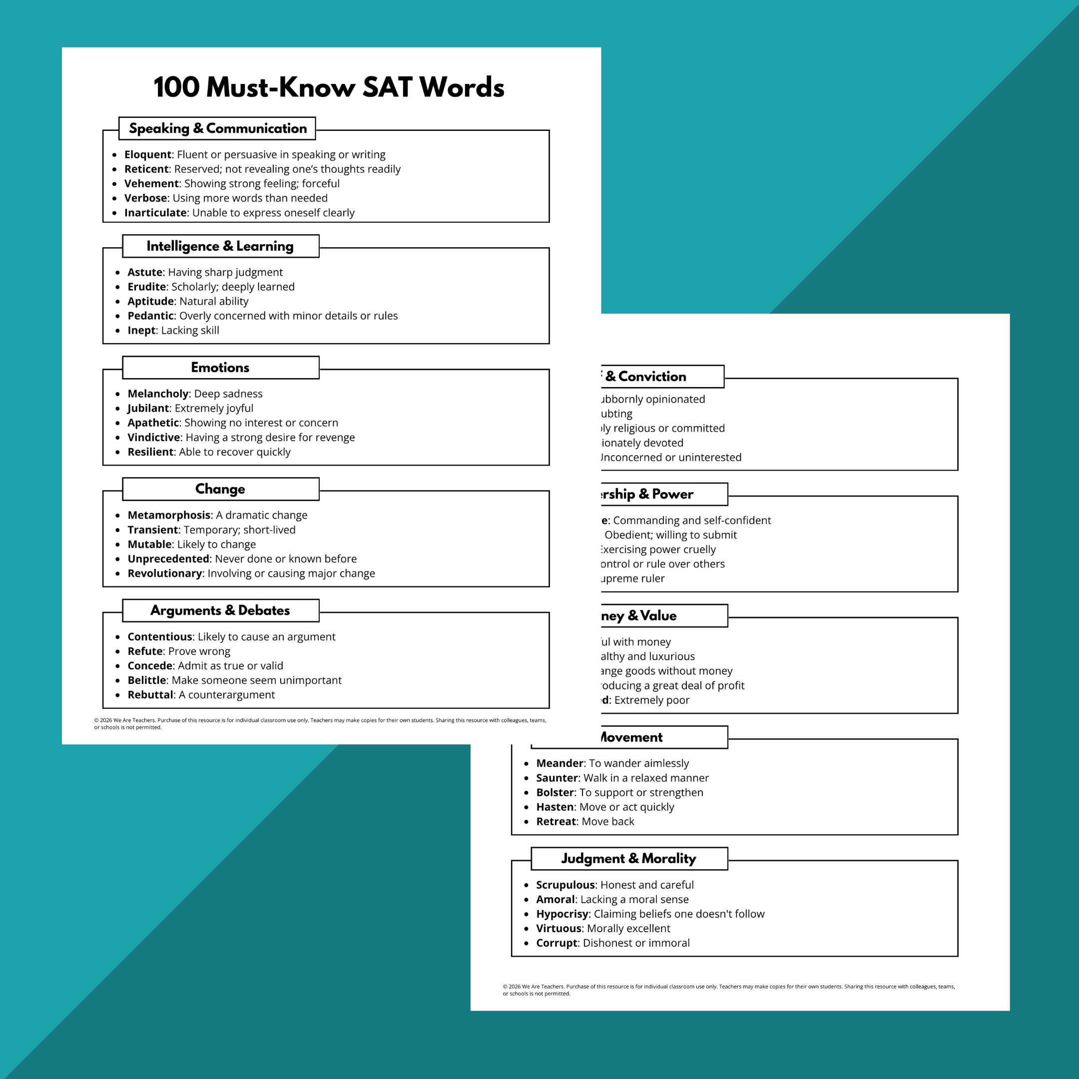 Flay lay of SAT Words worksheets and slides on a teal background