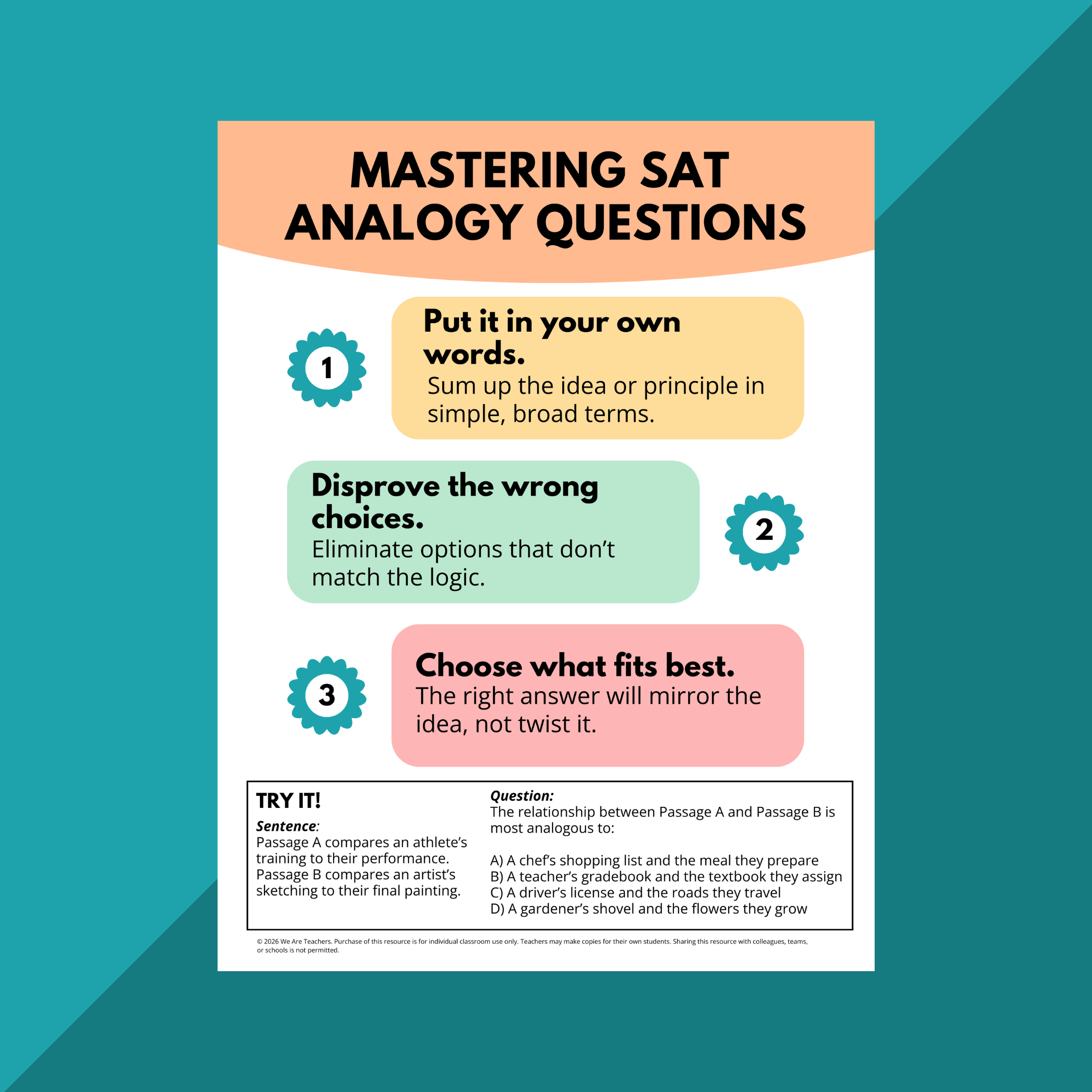 Flay lay of SAT Words worksheets and slides on a teal background
