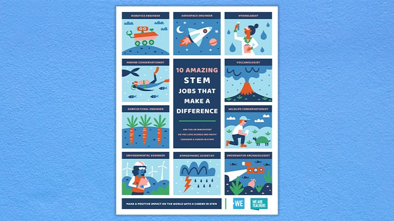 The STEM Jobs That Make a Difference poster on a light blue background
