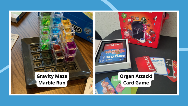 Collage of the best STEM toys, including Gravity Maze marble run and Organ Attack! card game