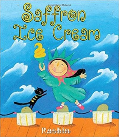 Book cover of Saffron Ice Cream with a girl and dressed up as the Statue of Liberty with her pet cat. (Summer read alouds)