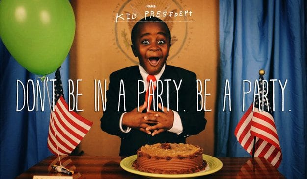 Kid President Robbie Novak YouTube thumbnail with words Don't Be In a Party. Be a Party.