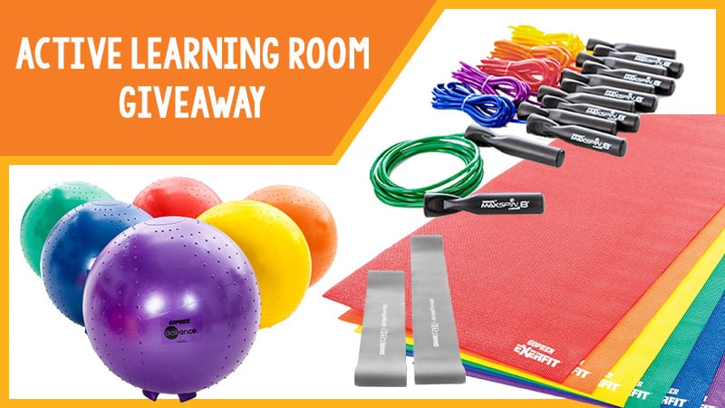 Active learning room giveaway of exercise balls, jump ropes, and yoga mates.