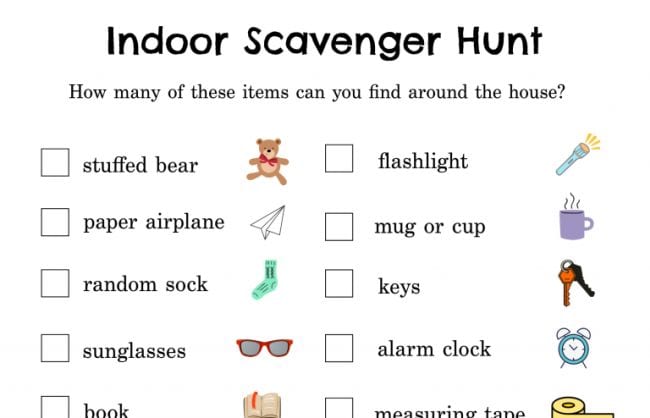 Indoor scavenger hunt printable with items like stuffed bear and sunglasses
