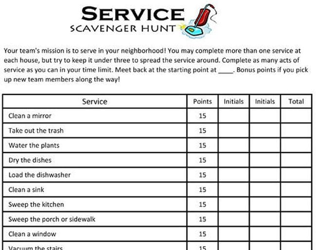 Service scavenger hunt with tasks like take out the trash and clean a sink