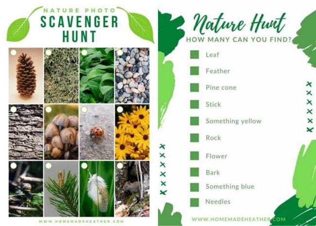 Two nature scavenger hunts, one with photos and the other a printed checklist