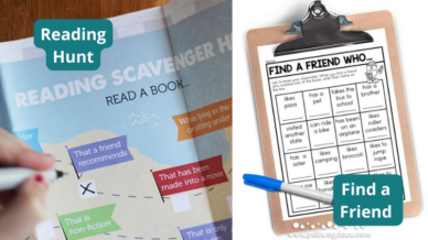 Collage of scavenger hunts for kids, including a Reading Hunt and Find a Friend