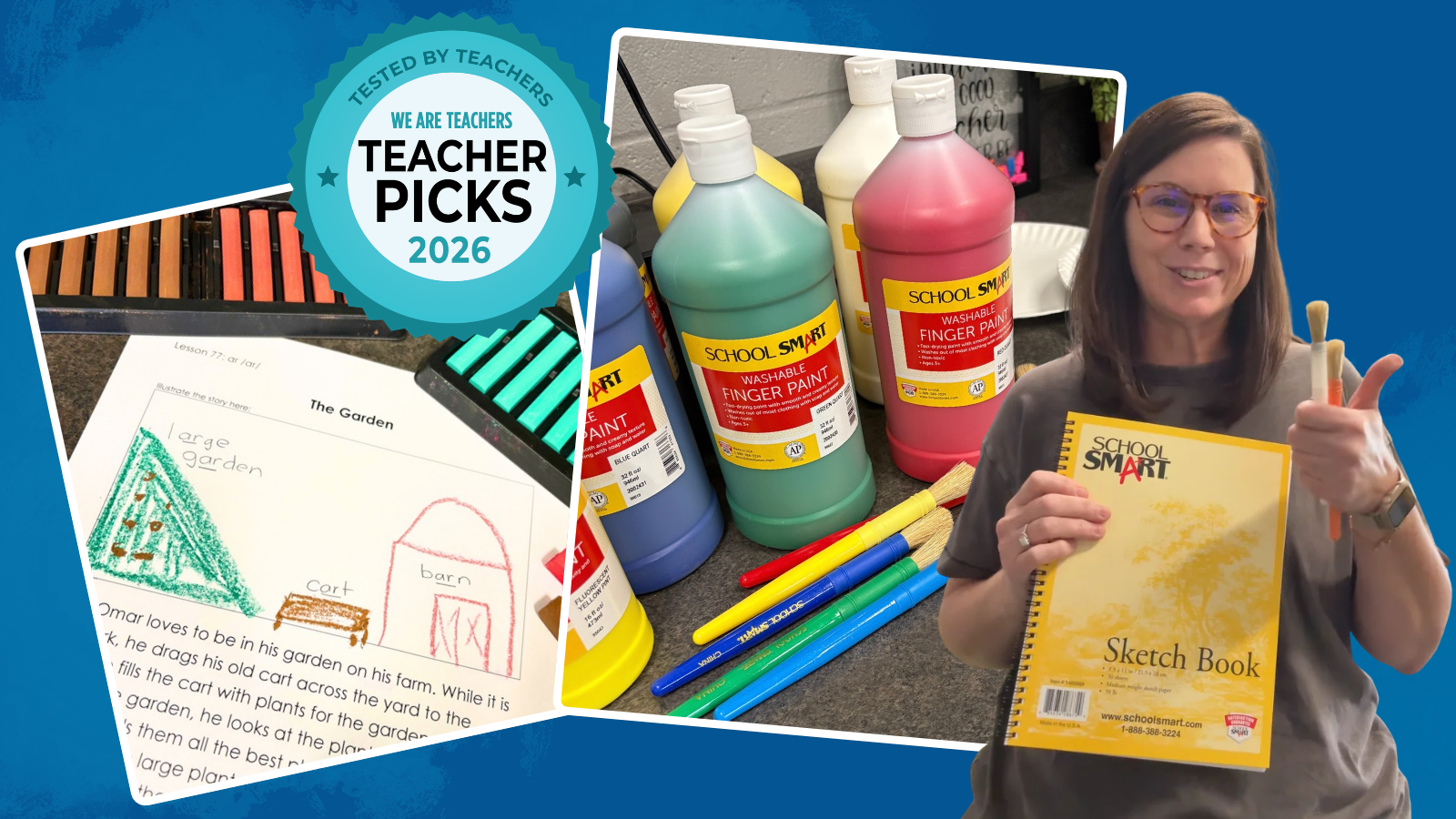 School Smart art supplies in a classroom with a teacher with We Are Teachers logo Teacher Pick 2026
