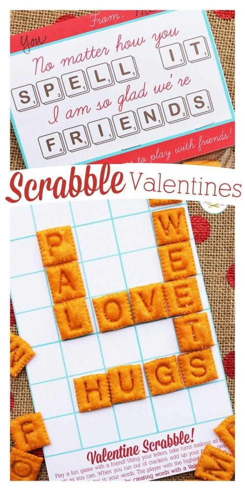 Scrabble board valentine with Scrabble Cheese-Its and a card that says, "No matter how you spell it, I'm so glad we're friends"