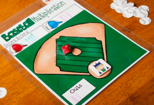 A colorful printout of a multiplication baseball game