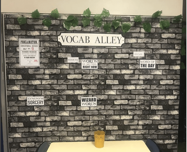 Vocab alley brick wall with vines