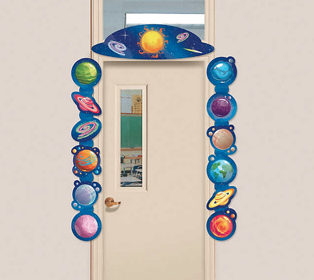 Hanging galaxy classroom door border with sun and planets