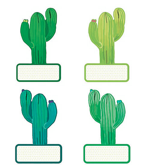 Four different green cactus-themed classroom labels