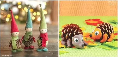 Pine cone crafts that look like elves and hedgehogs.