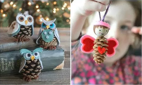 Pinecone crafts that look like owls and fairies.