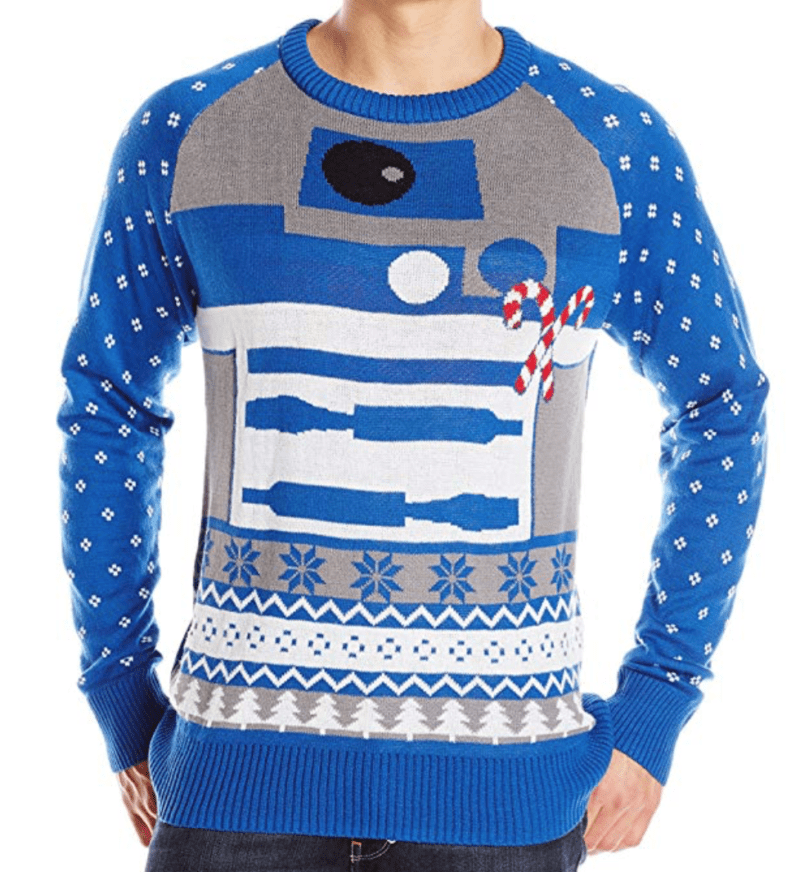 Christmas sweater with a star wars android character.