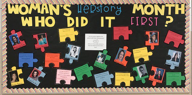 Poster with puzzle pieces and words Women's herstory month, who did it first?