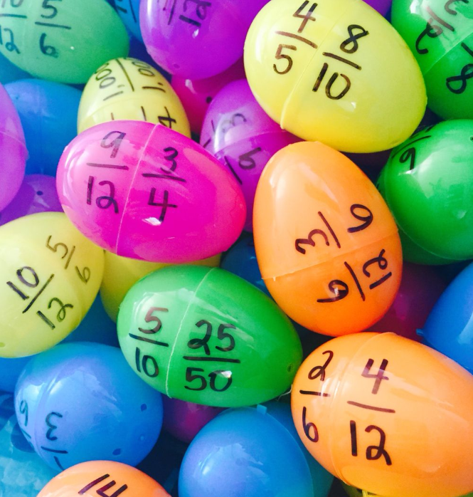 Easter eggs labeled with fractions on each half, matched up to form equivalent fractions (Easter Egg Activities)