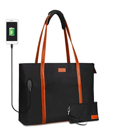 Black tote bag with brown leather handles and external USB connection port (Best Teacher Bags)