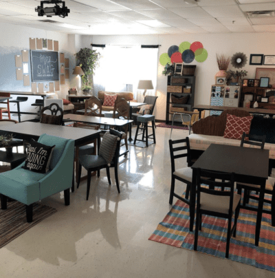 Homey classroom with flexible classroom set-up at back to school. 