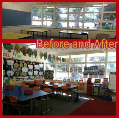 Before and After photos of classroom setup. Before is bare desks, After is a decorated classroom.
