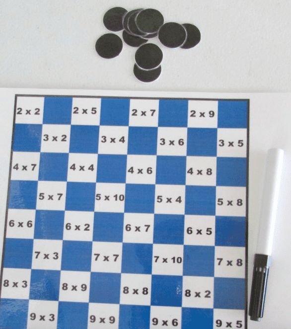 blue and white checkerboard with multiplication problems written in squares