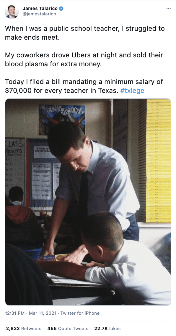A Tweet with a picture of James Talarico when he was teaching. He filed a bill to mandate a minimum teacher salary of $70K in Texas.