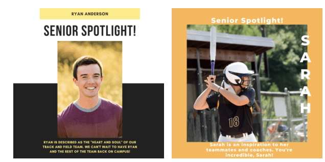 Pictures of seniors being celebrated at a virtual senior night celebration.