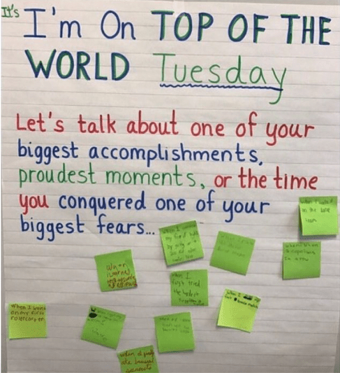 Classroom poster asking kids to describe their biggest accomplishment, proudest moment or a time they conquered a fear