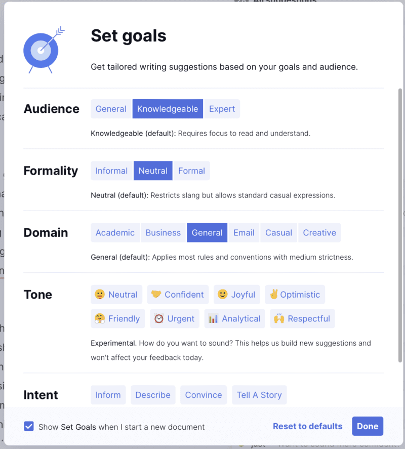 screenshot of Grammarly Premium goal setting suggestions for audience, formality, domain, tone and intent