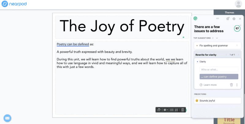 Screenshot of The Joy of Poetry assignment in Nearpod with Grammarly suggestions as an example to help decide: is Grammarly Premium worth it for teachers?