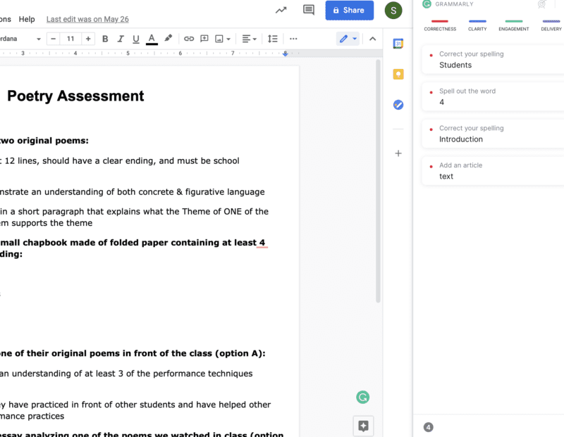 Screenshot of Poetry Assessment with Grammarly suggestions to help decide: is Grammarly Premium worth it for teachers?