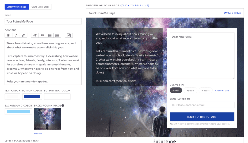 Screenshot of the setup page for FutureMe for a letter to future self