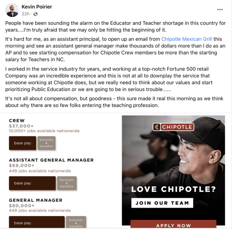 Kevin Poirier Facebook post salaries lower than Chipotle