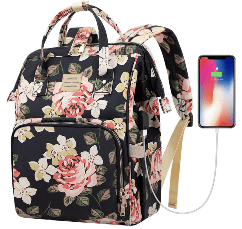 Floral backpack with charging port
