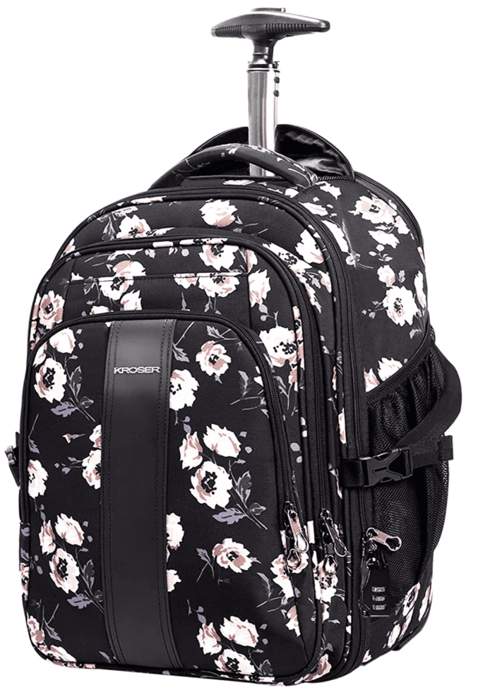 Floral print rolling teacher backpack with pull handle at the top, and multiple compartments