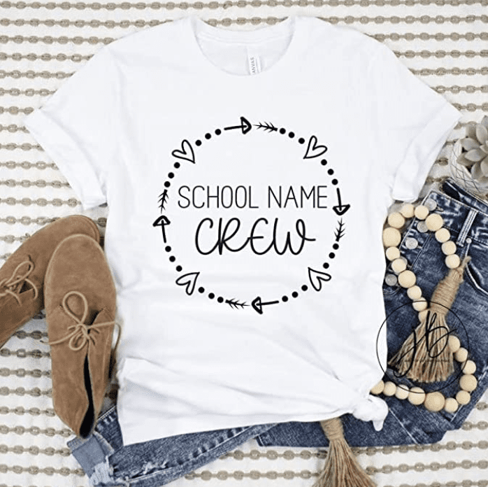 Shirt with text saying "School name CREW"