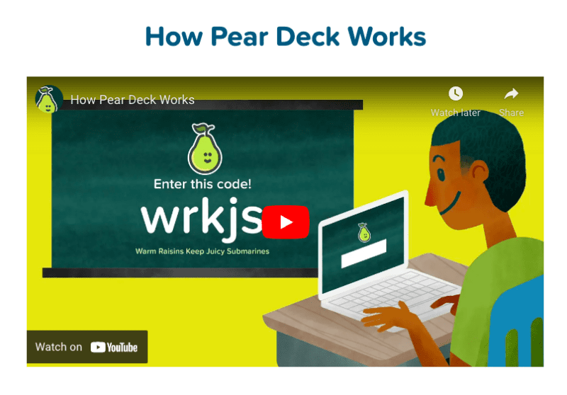 PearDeck screenshot of promo video about How Pear Deck Works with illustration of student typing on laptop